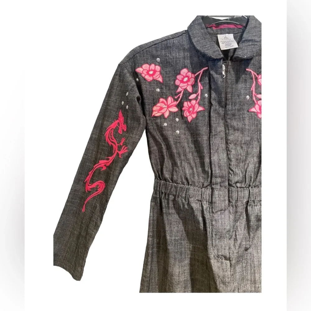 DISNEY MULAN JUMPSUIT GIRLS SIZE 9/10 EMBROIDERED FLORAL GRAY W/HOT PINK…